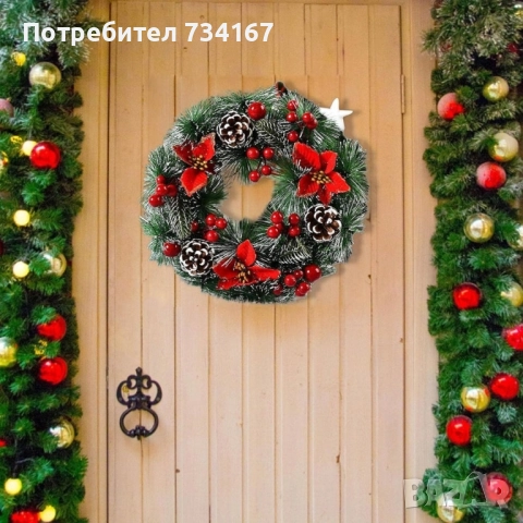 Коледен венец за декорация с шишарки и изкусветни коледни звезди, Външен диаметър: Ф30 см. , снимка 3 - Декорация за дома - 51881975