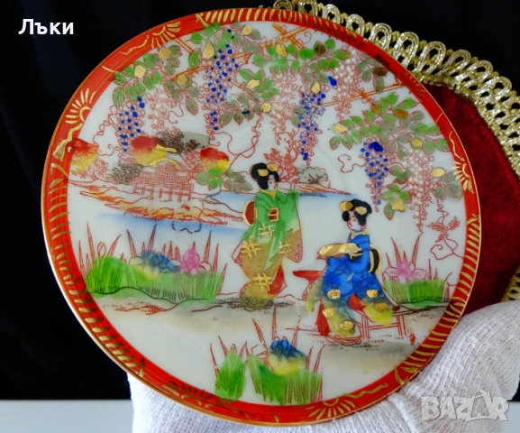 Чаша с чиния японски костен порцелан,злато,печат. , снимка 4 - Антикварни и старинни предмети - 53659086