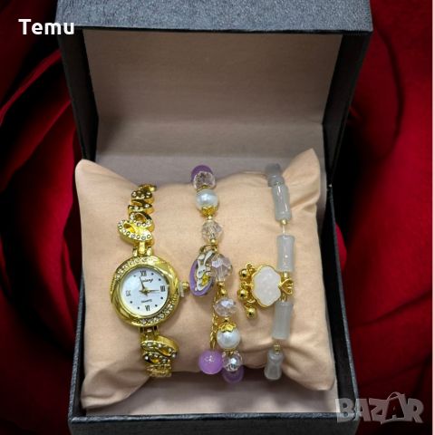 Нежен подаръчен комплект часовник с цирконии и два броя гривни Gift9, снимка 2 - Дамски - 45762234