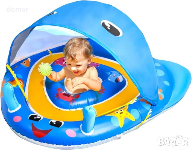 Надуваема бебешка плувка за басейн със сенник UPF50+, с регулируема седалка, 6-24 месеца, синя, снимка 1 - Други - 46447851
