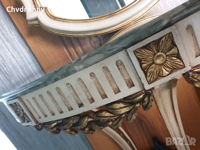 Барокова тоалетка/дървена конзолна масичка с огледало/маса-мрамор-дърворезба, снимка 5 - Антикварни и старинни предмети - 48984380