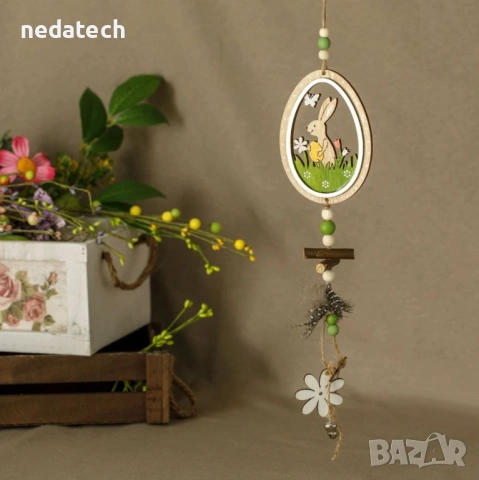 Великденска дървена декорация със зайче и звънчета, 60 см., снимка 2 - Декорация за дома - 53197665