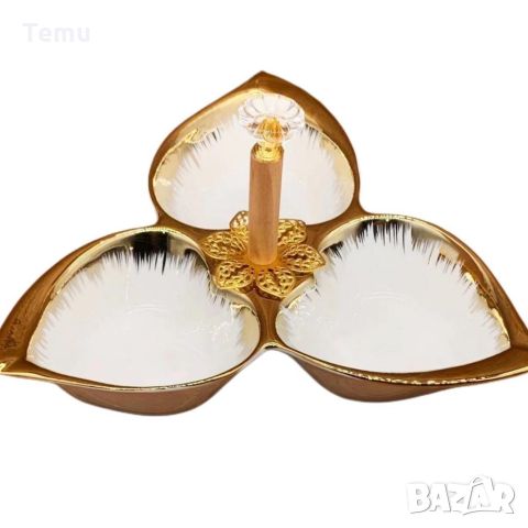 Луксозна порцеланова купа в бяло и златисто, с три гнезда за ядки, снимка 2 - Други - 46434045