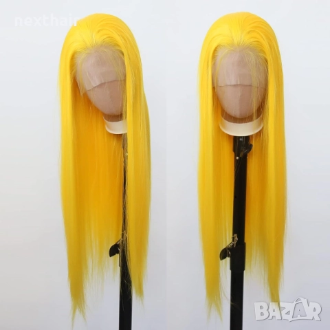 Дълга права жълта перука с дантела 13x4 – ефектен и модерен стил, снимка 6 - Аксесоари за коса - 52846825