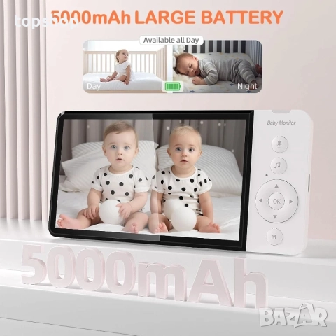 Бебефон без WiFi с 5” HD монитор, камера и аудио, сензор за стайна температура, автоматично нощно..., снимка 3 - Бебефони - 51637849