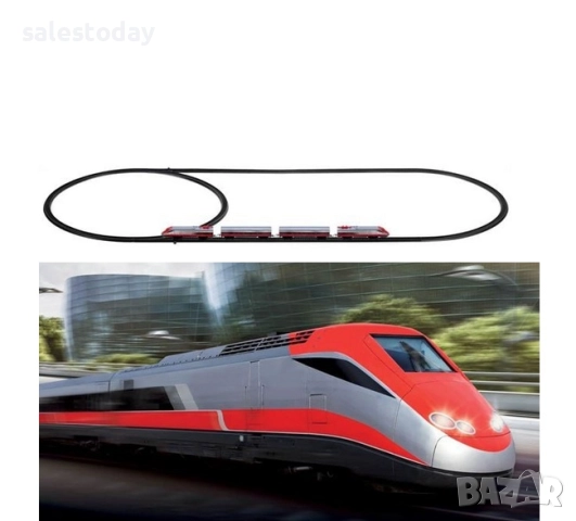 Влак стрела с релси и 4 вагона, червен