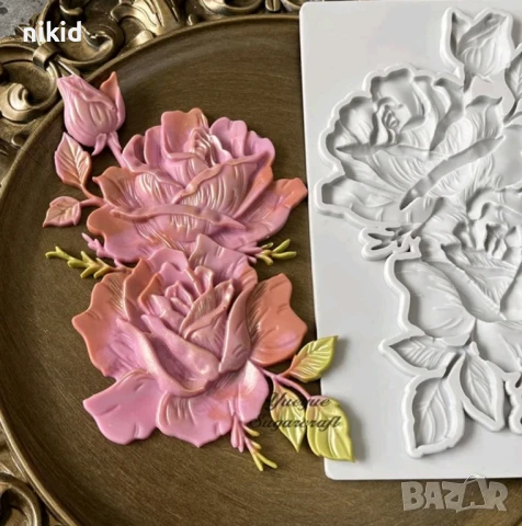 Роза рози цветя божур пано силиконов молд форма фондан декор украса торта гипс, снимка 2 - Форми - 51086906
