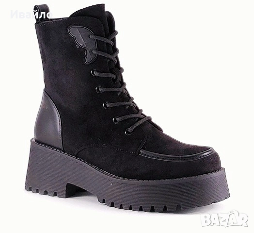Дамски черни боти от еко велур с топла вата