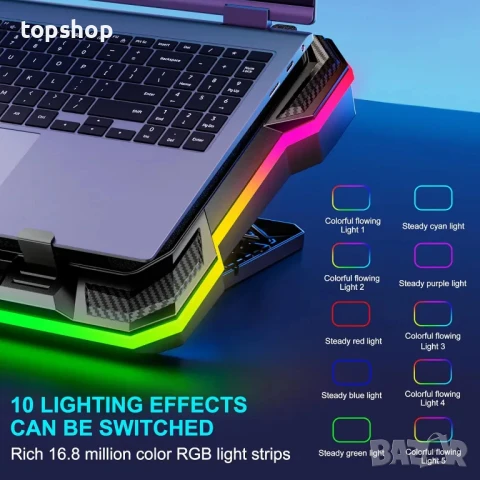 Охлаждаща подложка за лаптоп Moojay C51, вентилатор с RGB, 8 регулируеми височини, държач за телефон, снимка 3 - Лаптоп аксесоари - 50575455