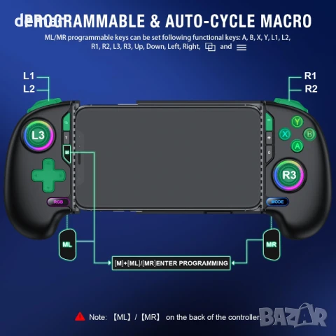 Безжичен мобилен геймпад HASACOOL за iPhone/Android с джойстик с ефект на Хол, RGB, снимка 9 - Друга електроника - 50582563