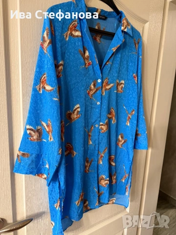 Wow нова синя на птици дълга елегантна риза zara Zara Зара , снимка 4 - Ризи - 54149477