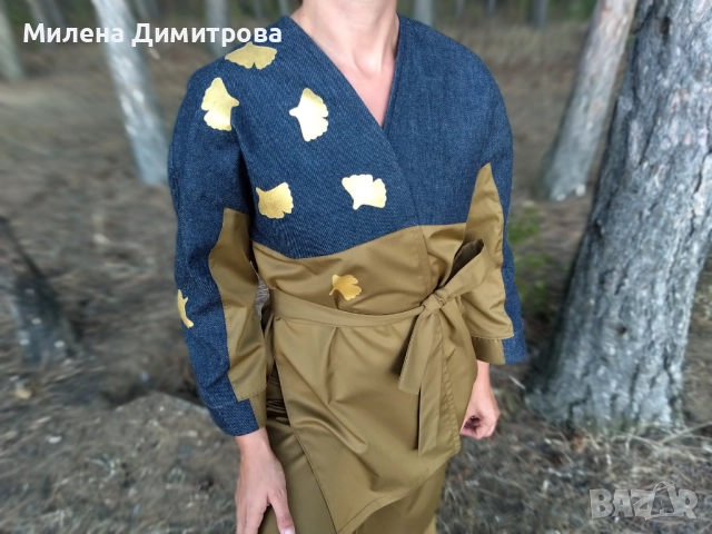 Кимоно с деним и ръчно рисувана Гинко Билоба , снимка 2 - Сака - 52156077