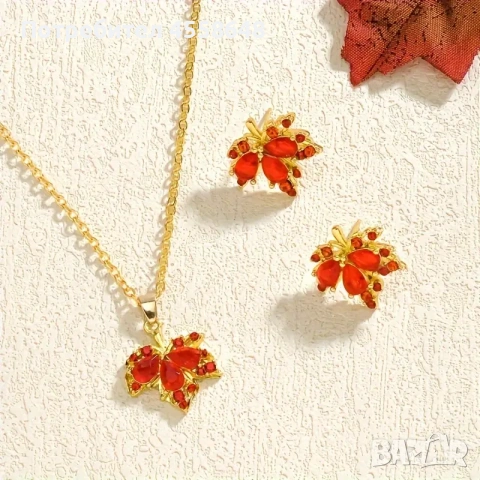 Колие + обеци с червени камъни