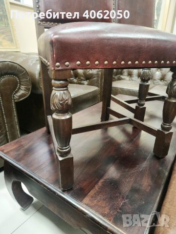 2 стола тип Честърфийлд от естествена кожа, с висок гръб и дърворезба., снимка 2 - Столове - 45301405