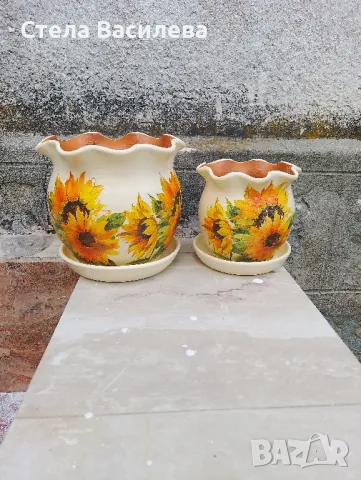 Комплект керамични саксии с подложки , снимка 4 - Саксии и кашпи - 50429680