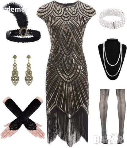 WILDPARTY  Ретро рокля с пайети от 1920 г. с аксесоари, карнавал, Великият Гетсби, черно злато, М