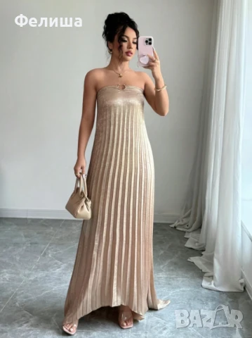 Дълга Уникална Рокля в Пясъчно Светло Злато Солей с Метален Златен Елемент, снимка 6 - Рокли - 51092896