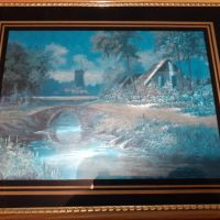 Красива картина 26х21см репродукция на пейзаж с река, мелница, мост и къща, снимка 3 - Картини - 45687233