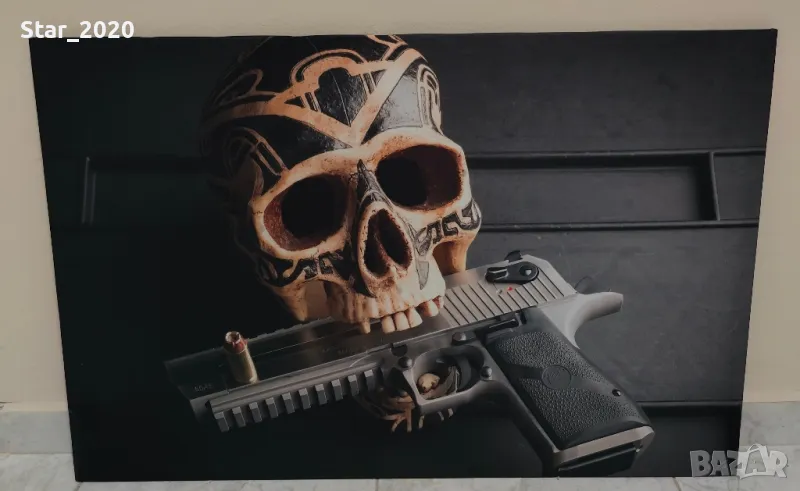 Светеща картина с LED осветление - череп с пистолет, снимка 1
