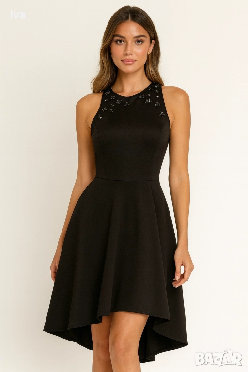 Елегантна асиметрична черна рокля с гол гръб и детайли около шията, снимка 1