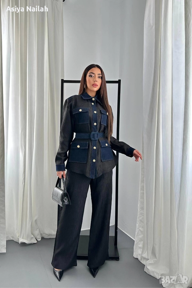 Дамски сет от две части – риза с колан и панталон, елегантен модел, снимка 1