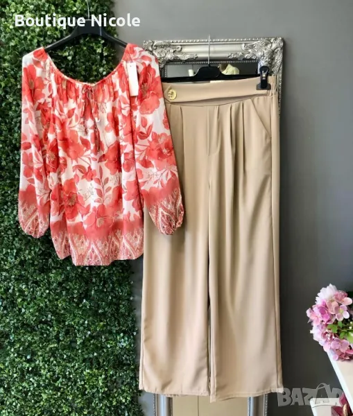 Елегантен дамски комплект от панталон и ефирна блуза с флорални мотиви  , снимка 1