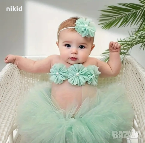 Светло зелена туту пола пачка поличка пачка и лента с пандела за глава за бебе фотосесия фото декор, снимка 3 - Бебешки рокли - 20549980