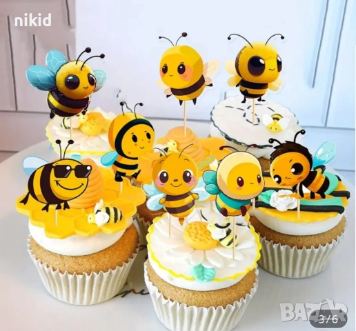 12 бр пчела пчели пчелички картонени топери топер декор торта мъфини кексчета украса парти
