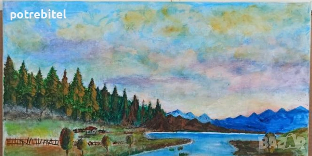 Картина - Изгрев на планинското езеро , снимка 3 - Картини - 54117801