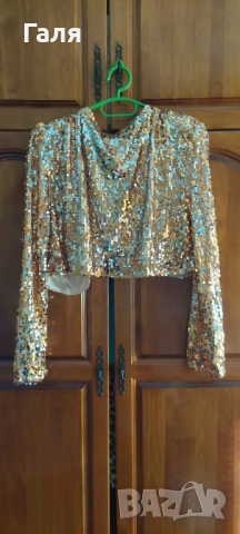 Златисто късо сако с пайети ANNA-KACI размер Л, снимка 2 - Сака - 52163350