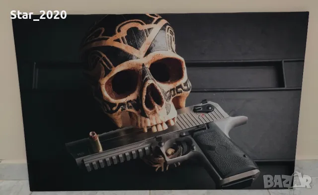 Светеща картина с LED осветление - череп с пистолет