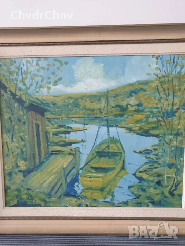 68х59см/голяма стара картина масло върху фазер/импресионизъм/пейзаж/река-лодка/дървена рамка, снимка 2 - Картини - 51218520