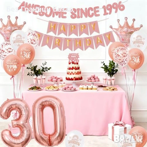 Нова украса Декорация за 30 години rose gold балони 30 корони банер happy birthday, снимка 5 - Други - 53696897