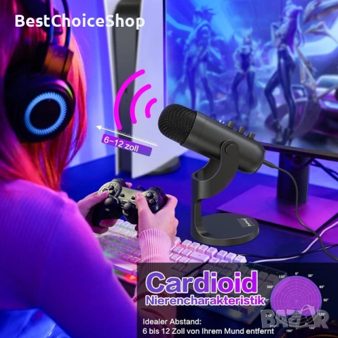  USB кондензаторен микрофон за PC, Mac, мобилен телефон, PS4, PS5,  за игри, подкаст, запис, стрийм, снимка 7 - Микрофони - 53614890