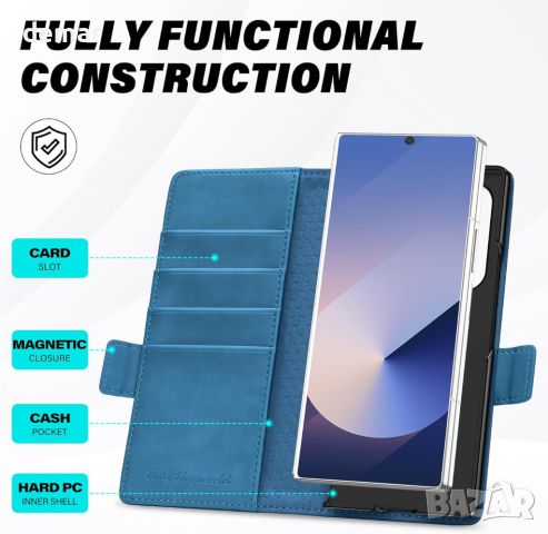 Калъф TUCCH за Galaxy Z Fold 6 (7,6") 5G, PU кожа с държач за писалка S, стойка, езерно синьо, снимка 5 - Калъфи, кейсове - 46811798