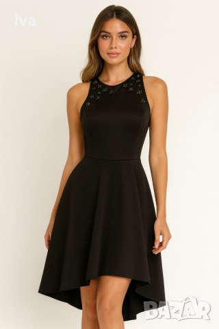 Елегантна асиметрична черна рокля с гол гръб и детайли около шията