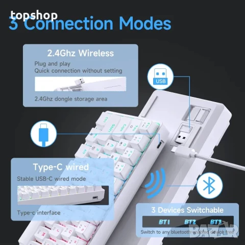НОВА, ТЕСТВАНА Геймърска клавиатура TMKB T63, механична, безжична с Bluetooth донгъл, бяла..., снимка 3 - Клавиатури и мишки - 50575538