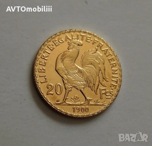 Позлатена монета 20 Франка 1900 г с петел, снимка 2 - Нумизматика и бонистика - 54122997