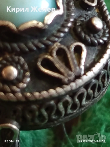 Възрожденски сребърен тюркоазен филигранен пръстен сачан ръчна изработка 51776, снимка 5 - Пръстени - 54014014