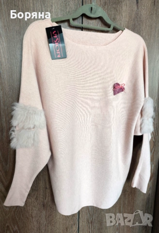 Бутик Vision - Нов розов пуловер кашмир с брошка, снимка 6 - Блузи с дълъг ръкав и пуловери - 37751508