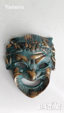 Бронзова масивна маска на сатир с венец от грозде, снимка 4 - Статуетки - 53276361