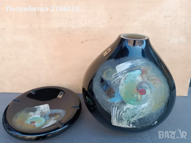 Авторски  стъклени ваза и пепелник " Китка" Нови пазар