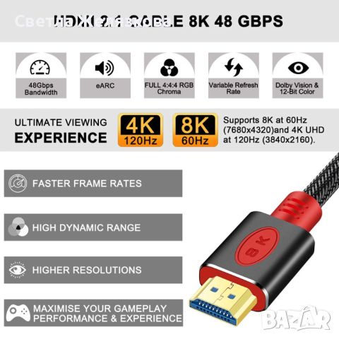 8K HDMI кабел 2.1 с DSC High Speed Ethernet, за монитор, проектор и др, снимка 4 - Кабели и адаптери - 45170740