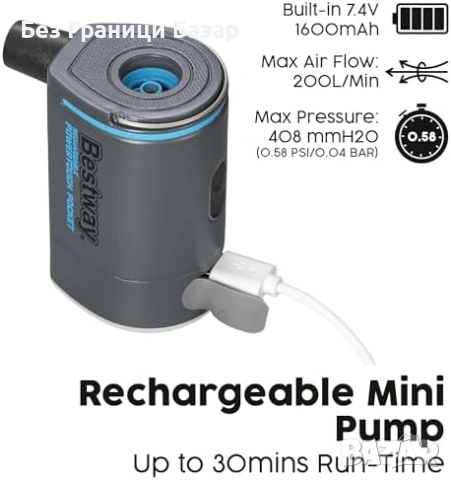 Нова преносима Електрическа мини помпа 200L/min USB с LED и 3 накрайника за дюшек къмпинг и плаж