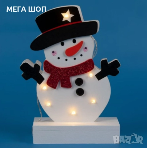 Светеща коледна украса във формата на снежен човек 25 см. Дървена LED декорация снежен човек с 6 LED