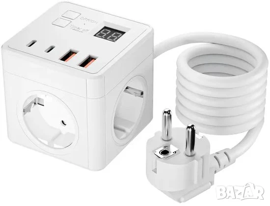 Разклонител PowerCube с USB и бутон – 3 контакта + 2 USB порта, защита от пренапрежение, 2 м кабел