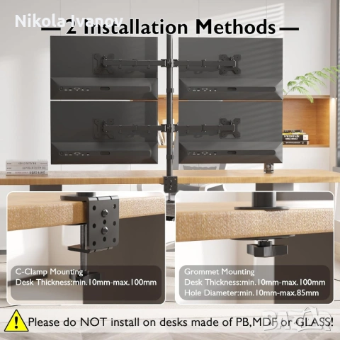 Чисто нова стойка за 4 Монитора | 13-27 инча | Vesa 75x75 и 100x100 | 2 начина на закрепване | stand, снимка 4 - Други - 54084236