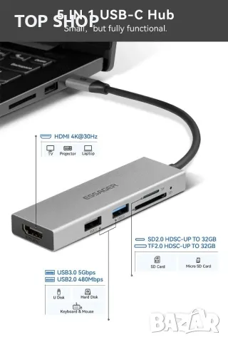 Висококачествен USB C  хъб 5 в 1 Модел KB0502, снимка 8 - Кабели и адаптери - 48487739