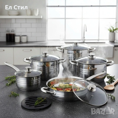 Комплект съдове за готвене 12 части, с индукционно дъно и стъклени капаци, снимка 3 - Съдове за готвене - 53573198