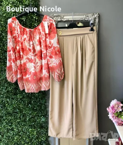 Елегантен дамски комплект от панталон и ефирна блуза с флорални мотиви  , снимка 1